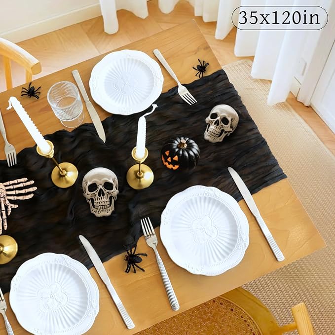 Halloween Table Runner, 10FT Black Cheesecloth Table Runner 35*120inch Black Halloween Decor for Halloween Indoor Table Kitchen Party Decorations