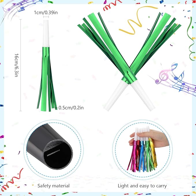 30 Pcs Gold Noise Makers, Metallic Fringed Noise Makers for New Year Party Favor Supplies, Green