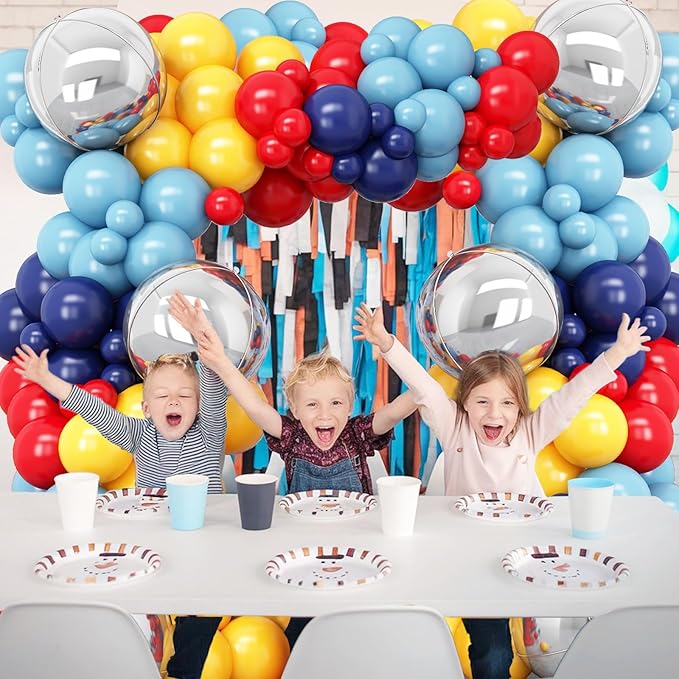 Red Blue Yellow Balloon Arch Kit with 4D Silver Ball Foil Balloons, Dusty Navy Blue Red Yellow Latex Balloons Garland for Carnival Circus Birthday Baby Shower Party Decorations