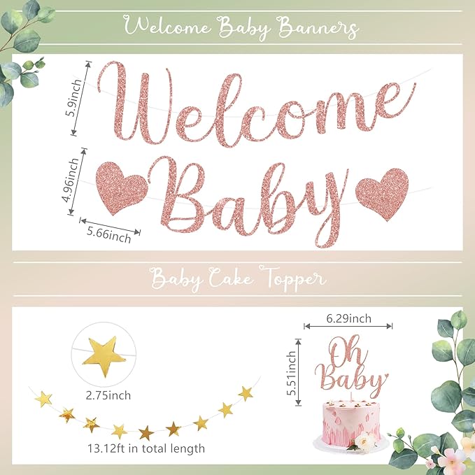 Amandir Girl Baby Shower Decorations Pink Sage Green Balloons Welcome Baby Banner, Cake Topper, Paper Lanterns, Pom Poms Flowers Tassels, Circle Dots Star Garland Gender Reveal Birthday Party Supplies