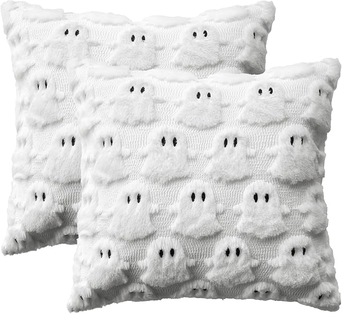 AVOIN colorlife Halloween Ghost White Throw Pillow Cover Set of 2, 20 x 20 Inch Soft Plush Faux Fur Jacquard Spooky Cushion Case Decoration for Sofa Couch