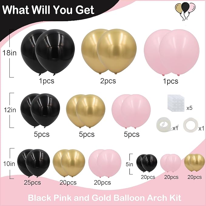 Black Pink and Gold Balloons Arch Kit 144pcs 18/12/10/5inch Black Pastel Pink Metallic Gold Balloon Garland for Women Girls Birthday Wedding Bridal Shower Bachelorette Graduation Baby Shower Decor