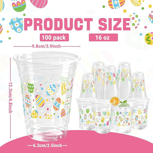 100 Pcs Easter Plastic Cups, 16 Oz Colorful Eggs Disposable Clear Party Cups for Spring Easter Party Decoration Supplies Cold Drinking Beverage Ice Cream Snacks