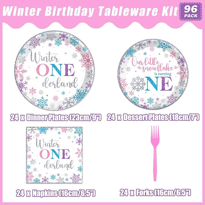 96pcs Winter Onederland Birthday Plates and Napkins Set, Pink and Silver Snowflake Winter Onederland 1st Birthday Party Supplies Decorations Snowflake for Baby Girls, Serves 24