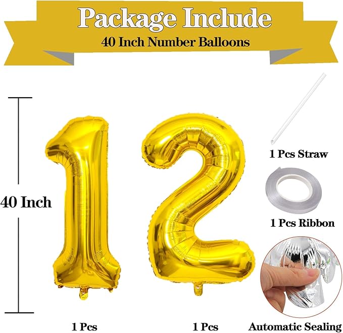 Large Gold 12 Number Balloons, 40 Inch Jumbo Number 12 Balloon, Gold Foil Mylar Balloons for Girl Sweet 12th/21th Birthday Party, Anniversary Decorations
