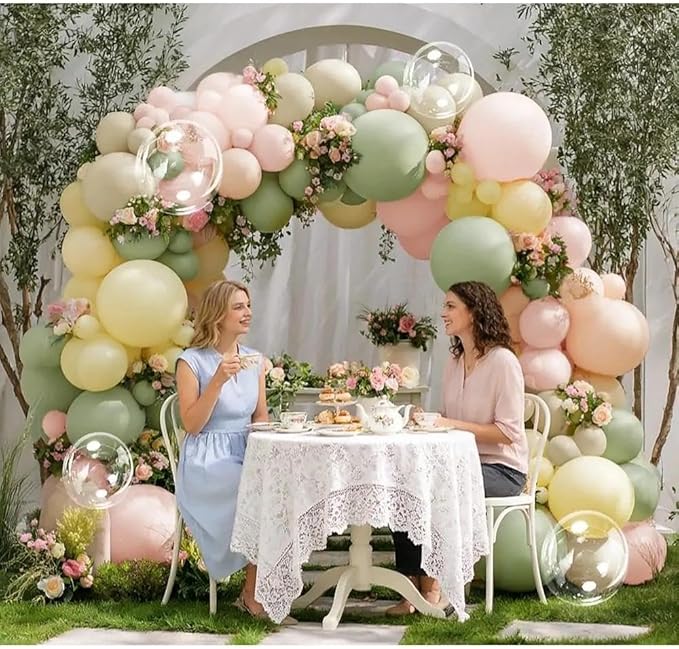 Pink Green Yellow Balloon Arch Kit, Double Stuffed Sage Green Pastel Pink Yellow White Sand Balloon Garland Beige Cream Balloons for Baby Shower Birthday Wedding Easter Fairy Flower Tea Party Decor
