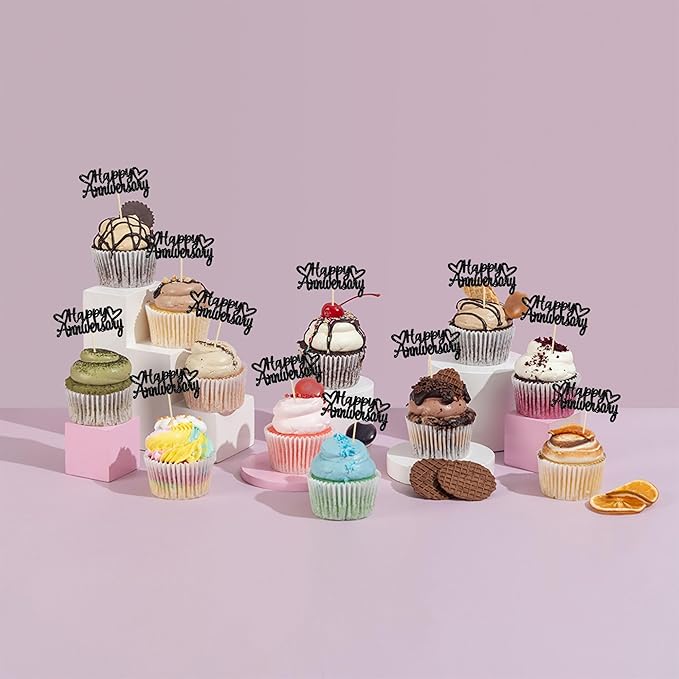 Gyufise 24 Pack Happy Anniversary Cupcake Toppers Black Glitter Anniversary Party Supplies Cake Decorations Wedding Celebration Party Decoration Supplies