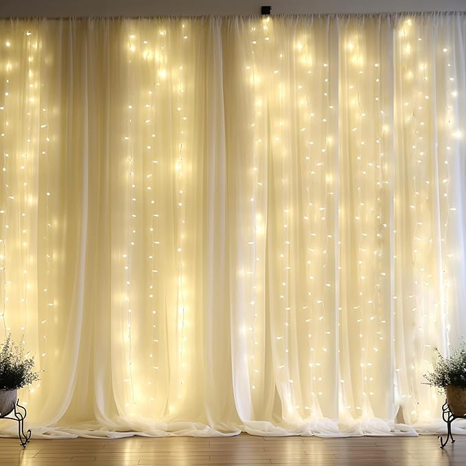 10ft x 10ft Beige Chiffon Backdrop Curtain with Lights String for Parties,2 Panels Sheer Chiffon Curtain Wedding Backdrop with Lights for Baby Shower Birthday Party Ceremony Reception Home Decorations