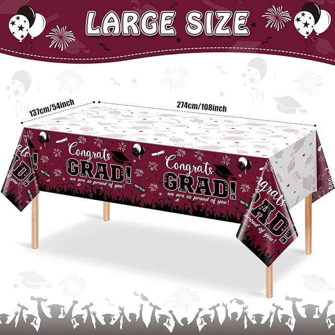 6 Pack Graduation Tablecloth Party Decorations, Class of 2026 Congrats Grad Plastic Tablecover Party Supplies, Maroon Rectangle Graduation Table Decorations for College High School Party, 54 x 108Inch