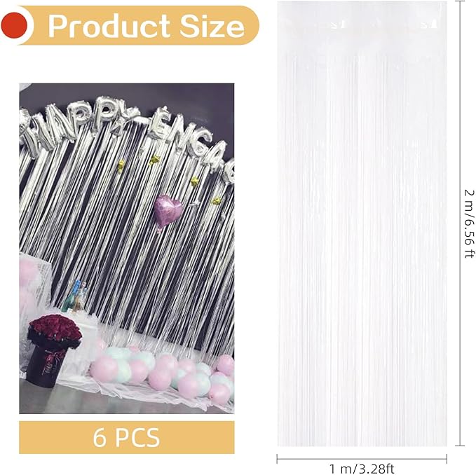 6 Pack White Foil Curtain Backdrop 3.2ft x 6.6ft Metallic Tinsel Fringe Backdrop Curtains Streamer Photo Booth Backdrop for Birthday Engagement Bachelorette Christmas Holiday Party Decorations