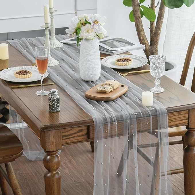 Artoid Mode 3PCS Pearl Grey Gauze Table Runner 120 Inch 10FT, Seasonal Sheer Dining Holiday Wedding Birthday Baby Shower Table Decor for Home Party