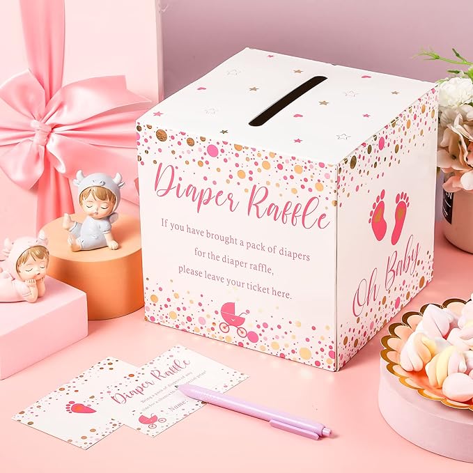 Funrous 51 Diaper Raffle Tickets with Box for Baby Shower Game Invitations Diaper Raffle Card for Gender Reveal Baby Shower Party Decoration Table Centerpiece(White, Pink)