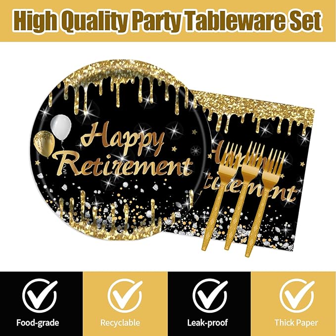 72Pcs Happy Retirement Party Decorations - Retirement Party Supplies Plates and Napkins Sets with Forks, Disposable Black Gold Tableware Set