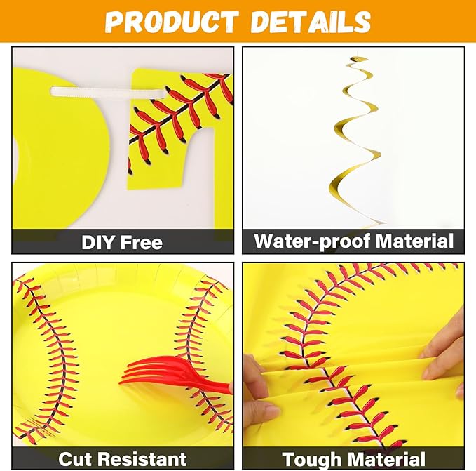 184pcs Softball Birthday Party Supplies Set Includes Softball Plates Napkins Cups Tablecloth Swirls Banner Tableware Kit Dispose Softball Party Decorations Favors for Girl Woman Man, Serve 25