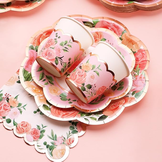 175PCS Tea Party Decorations, Floral Party Supplies, Bridal Shower Paper Plates, Floral Plates and Napkins Sets for Baby Shower, Brial Shower, Wedding, Serves 25 Guest