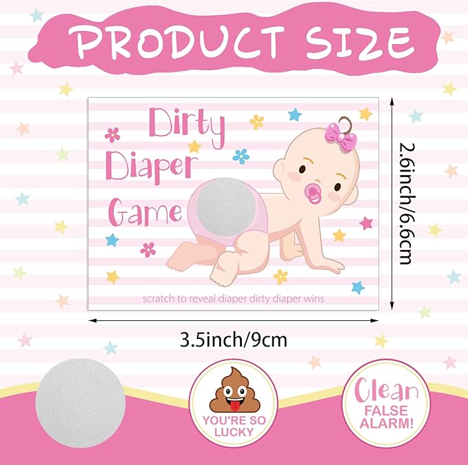 Geyee 60 Pieces Baby Shower Scratch off Game Funny Raffle Cards Baby Shower Party Games Decorations Cute Activity for Activity and Idea for Boy Girl(Pink)