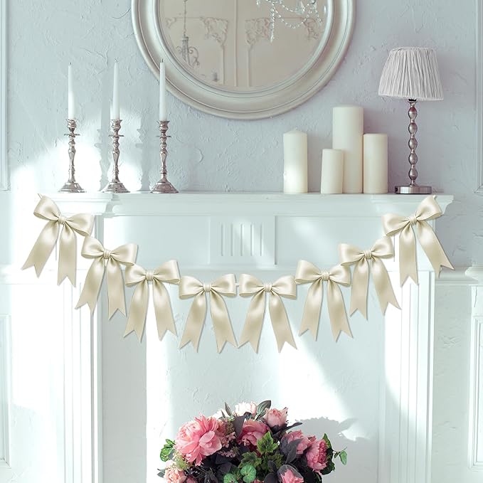 2 Strings of 16PCS Ivory White Bow Garland Banner Decoration,Pre-Strung Satin Ribbon Ornaments for Birthday,Bachelorette Party,Bridal Shower,Wedding,Engagement,Baby Shower,Graduation Decor,Anniversary