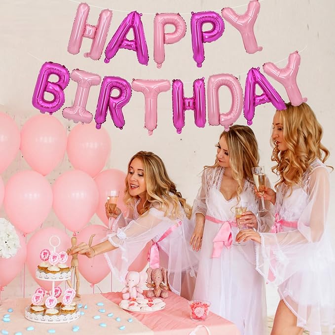 TONIFUL Happy Birthday Balloons Banner 16 Inch Mylar Foil Letters Birthday Sign Reusable for Girls Boys Kids & Adults Birthday Party Decorations Supplies（Hot Light Pink）