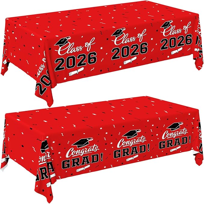 Gatherfun 2026 Graduation Decorations : 2-Pack Congrats Grad Disposable Tablecovers - Class of 2026 Red Themed Table Cloths, for Graduation Party Supplies & Graduation Backdrop, 54" X 108"