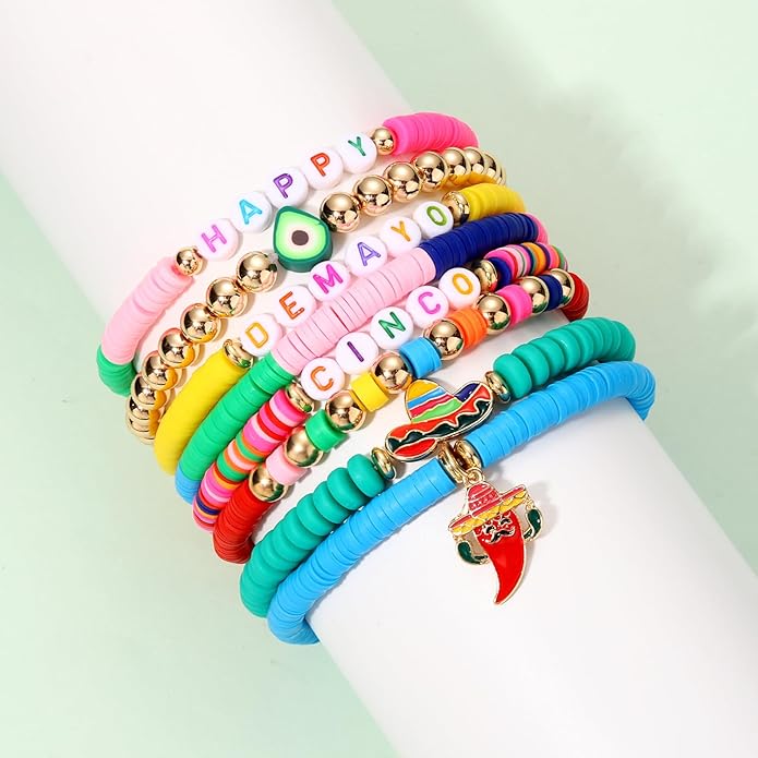 Surfer Heishi Bracelets for Women Stackable Rainbow Vinyl Disc Clay Beaded Stretch Bracelets Elastic Layering Friendship Bracelets Boho Summer Beach Jewelry