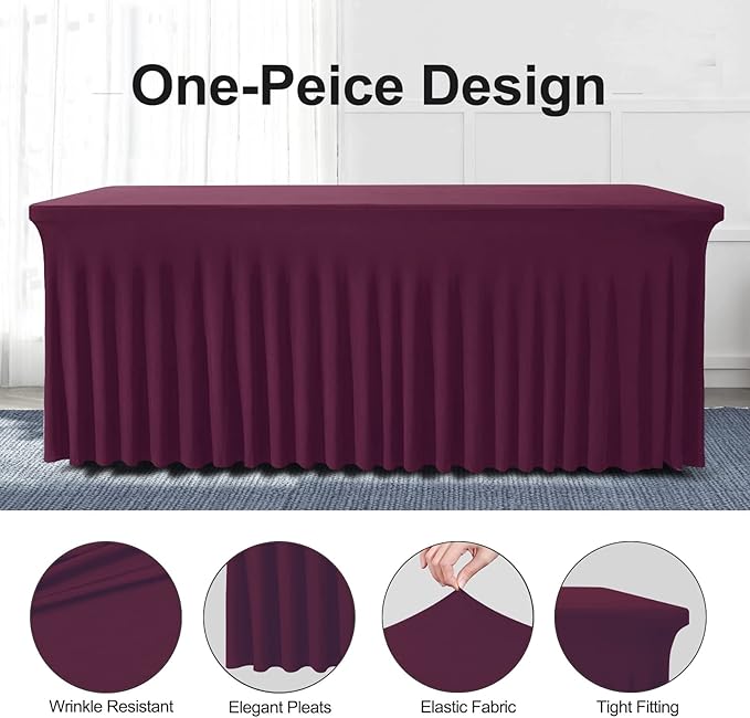 Table Skirt for 4 Foot Tables - 2 Pack One-Piece Burgundy Tablecloths and Skirt, Wrinkle Resistant Ruffles Elastic Cover for Banquets, Weddings, Events, Parties
