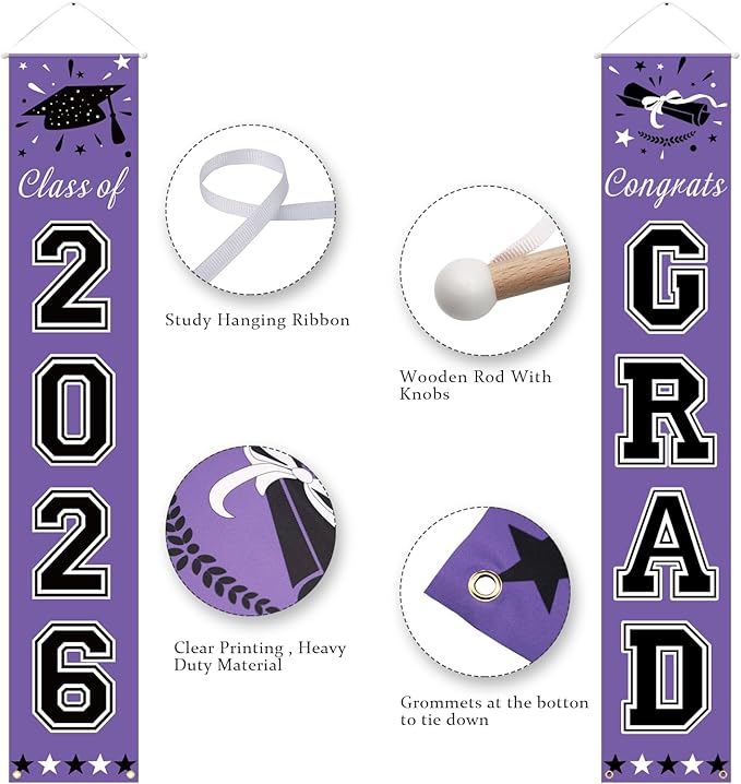DAZONGE 2026 Graduation Decorations Purple - Graduation Porch Banners Class of 2026 Decorations for Any Schools or Grades