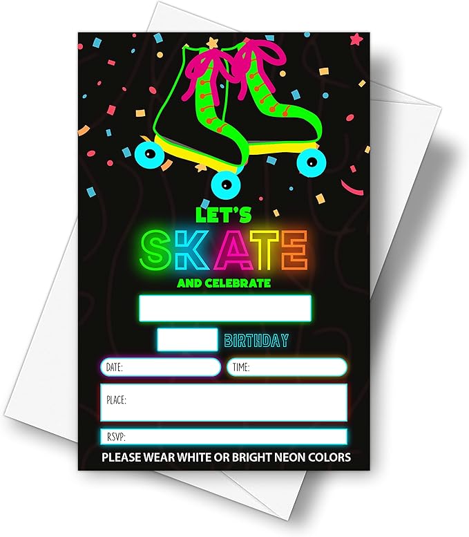 DETIHO 4" x 6" Glow Roller Skating Birthday Party Invitation Cards With Envelopes - Let's Skate and Celebrate - NEON Glow in the Dark Skate Party Invitation - 20 Sets - E13