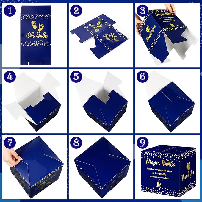 Funrous 51 Diaper Raffle Tickets with Box for Baby Shower Game Invitations Diaper Raffle Card for Gender Reveal Baby Shower Party Decoration Table Centerpiece(Navy, Gold)