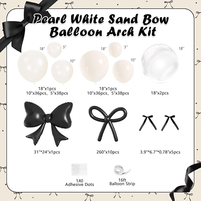 Pearl White Balloon Arch Kit, JOGAMS 174Pcs Bow Balloon Arch Kit with 260 Clear Bow Foil Balloons Ribbon Bow for Coquette Bow Theme Birthday Wedding Baby Shower Bachelorette Bridal Shower