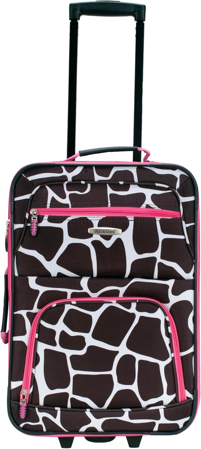 Rockland Fashion Softside 2 Piece Luggage Set, Expandable, (14" Tote/19" Upright), Pink Giraffe