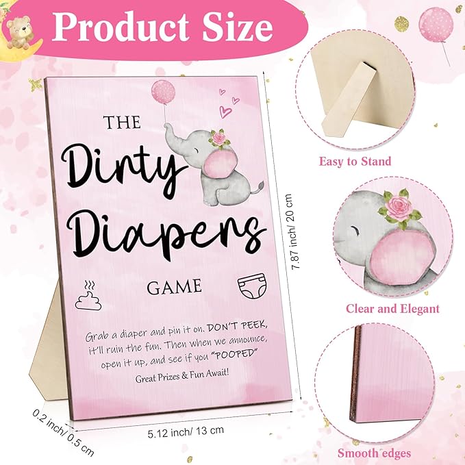 Roowest 51 Pcs Dirty Diaper Baby Shower Games Funny Wooden Sign with 50 Pcs Mini Diapers Cute Felt for Gender Reveal Party Baby Shower(Pink Elephant)