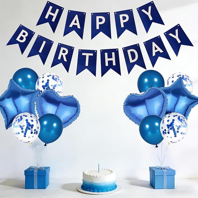 ZHENGYE Blue Happy Birthday Banner Latex Balloon Heart -Shaped Star-Shaped Balloon for Men Women Birthday Party Decoration Supplies
