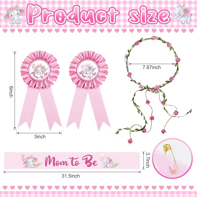Chunful Elephant Theme Baby Shower Sash Mom to Be Sash and Dad to Be Pin Flower Crown for Gender Reveals Party Baby Shower Party Favors Decorations for Boys and Girls Pregnancy Props Gift (Pink)