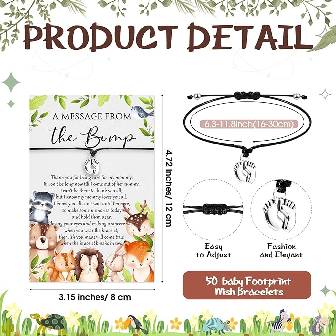Thyle 50 Set Woodland Baby Shower Favors for Guests Adjustable Bracelets with Message from the Bump Card Footprints Charm Baby Shower Bracelets for Gender Reveal Thank You Gifts