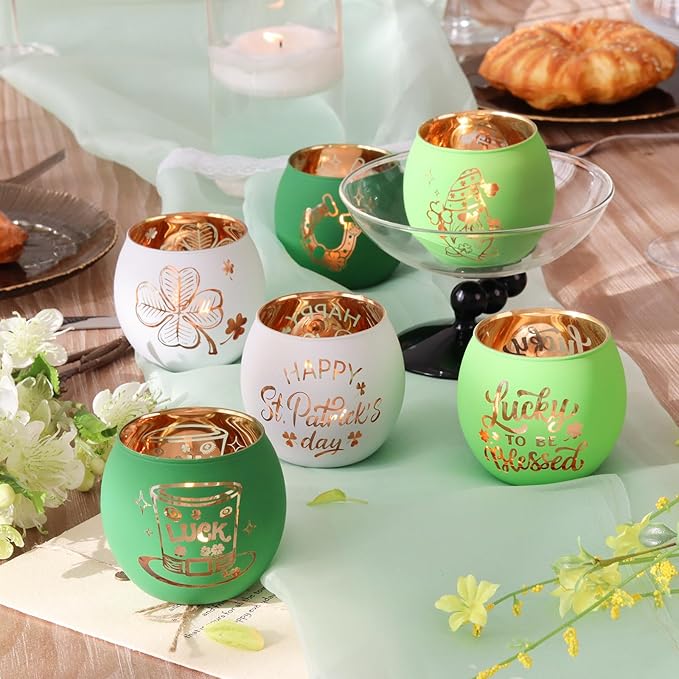 SHMILMH St. Patrick's Day Candle Holders 6PCS St Patricks Day Shamrocks Decorations for Table Centerpiece, Glass Votive Tealight Holders for Home Decor Party Decorations