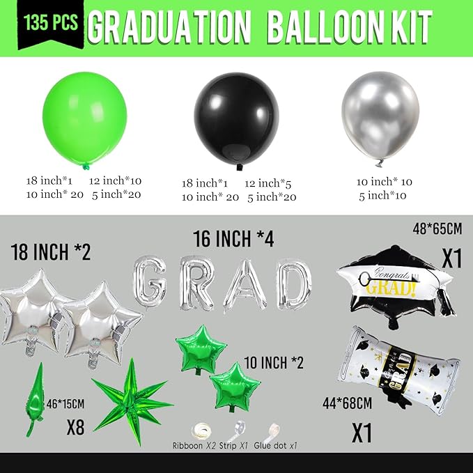 Black green and Silver Balloon Garland Arch Kit 130+ Pieces with green and Silver Stars, Graduation Certificate Graduation Cap GRAD Letters Mylar Balloons for 2025 Graduation Prom Decorations