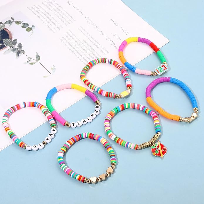 Surfer Heishi Bracelets for Women Stackable Rainbow Vinyl Disc Clay Beaded Stretch Bracelets Elastic Layering Friendship Bracelets Boho Summer Beach Jewelry