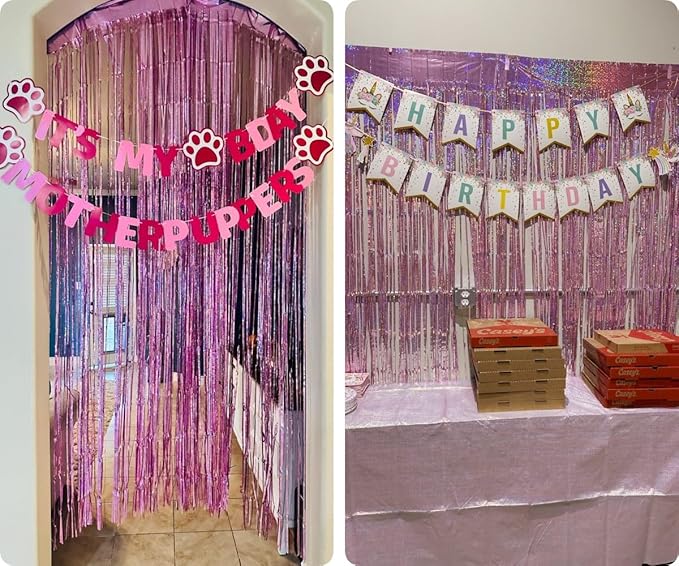 2 Pack 3.2ft x 8.3ft Foil Fringe Backdrop Metallic Tinsel Door Window Curtain Party Photo Booth Props for Birthday Bachelorette Wedding Graduation Party Decorations (Purple)