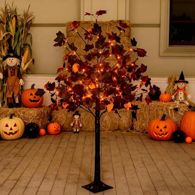 4ft Black Maple Halloween Tree with LED Skull Lights & Spiders - Indoor/Outdoor Waterproof Decor - 96 Bulbs, Dimmable Timer, 16ft Cord