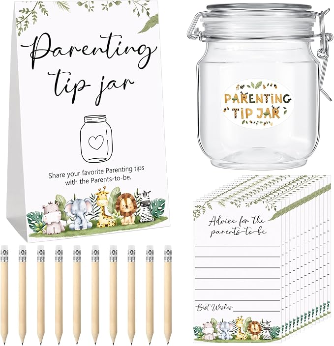 Roowest Baby Shower to Baby Advice Cards for New Parents to Be - Tip Jar Sign for New Parents 60 Parenting Advice Cards 10 HB Pencils 2 Cute Stickers 1 Pet Bottle for Guests Games(Animal)
