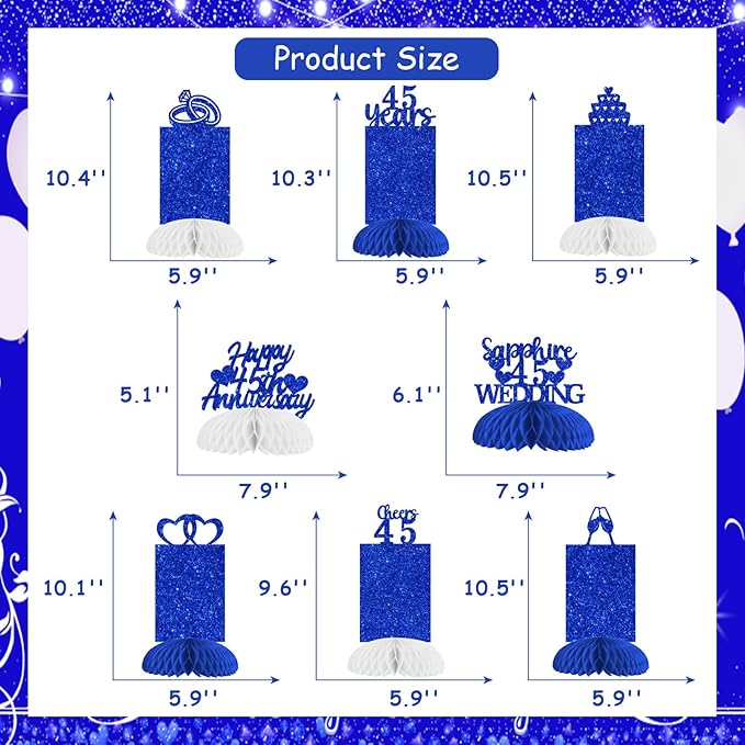 Cheereveal 8 Pieces Happy 45th Wedding Anniversary Honeycomb Centerpiece, Navy Blue Glitter Photo Table Topper, Cheers to 45 Years Sapphire Wedding Anniversary Theme Party Supplies for Men and Woman
