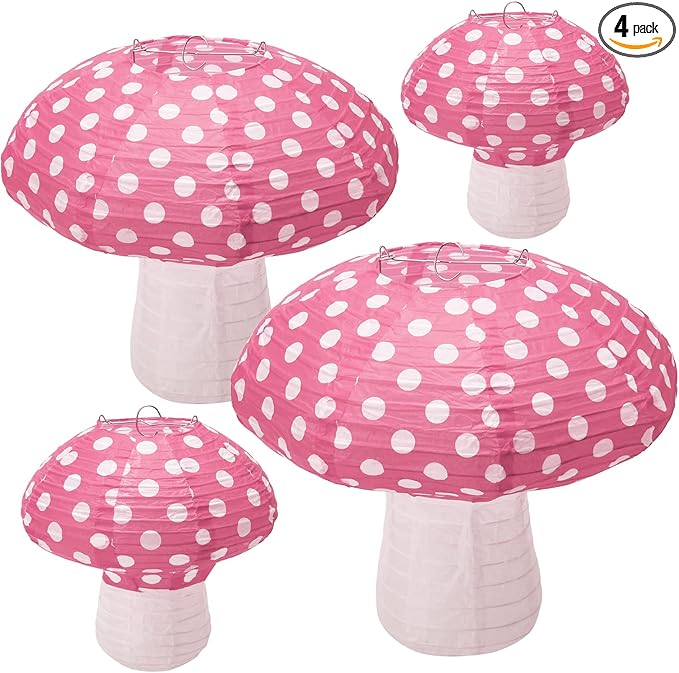 4Pcs Mushroom Shaped Paper Lanterns - Large Mushroom Shaped Paper Lanterns For Nursery, Garden, Christmas Party Decoration - 8 inch, 12 inch (Pink)