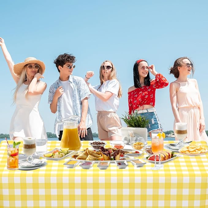 WNINK 2 Pack Light Yellow Gingham Rectangular Plastic Tablecloths, Yellow and White Checkered Disposable Table Covers 54" x 108" for Birthday, Wedding, Bridal Shower, Outdoor Picnic Camping Parties