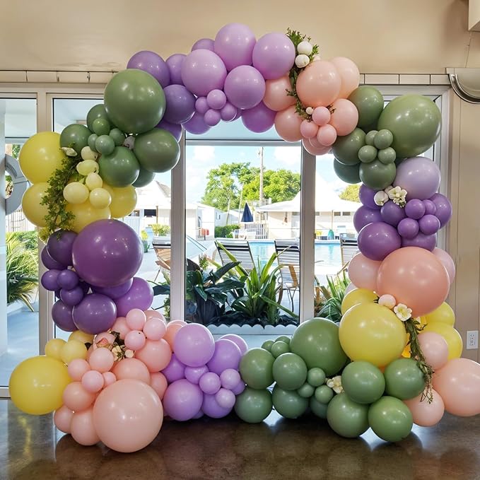 Pink Purple Green Balloon Arch Kit, 122Pcs Dusty Pink Light Green Macaron Yellow Pastel Balloons for Kids Girl Flower Party Decorations Spring Baby Shower Wedding Engagement Fairy Birthday Supplies