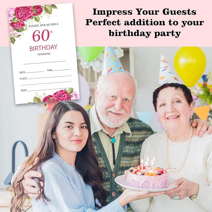 60th Rose Floral Birthday Invitation Cards for Women Men, 60 Years Old Birthday Invites for Adult, Party Supplies Favors, 20 Cards With 20 Envelopes -08