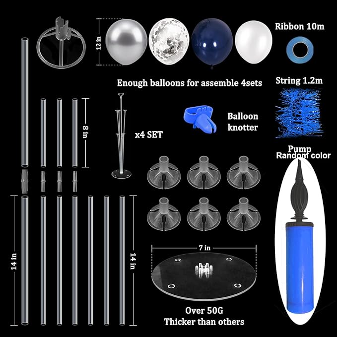 4 Set Balloon Stand with Silver Navy Blue Balloons Centerpiece Table Decorations for Birthday Wedding Anniversary Retirement New Years Graduation Decorations Class of 2026