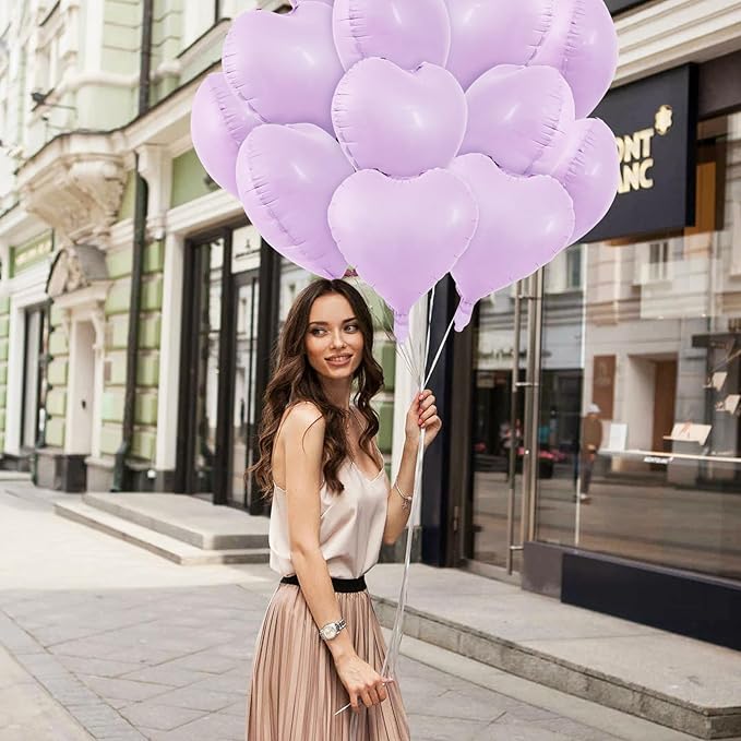 TONIFUL 30Pcs 18 Inch Pastel Light Purple Balloons Light Purple Heart Shape Foil Mylar Banners Decoration for Birthday Valentine's Day Wedding Bridal Shower Anniversary Engagement Party Supplies