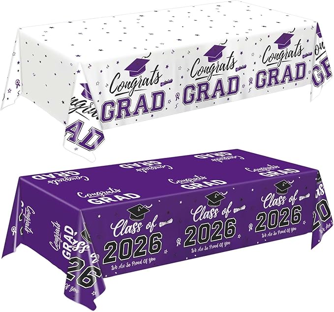 Oigco 2026 Graduation Decorations, 2 Pack Purple Graduation Tablecloths Class of 2026, Congrats Grad Plastic Table Cloths for Graduation Party Decorations, 54 x 108 Inch