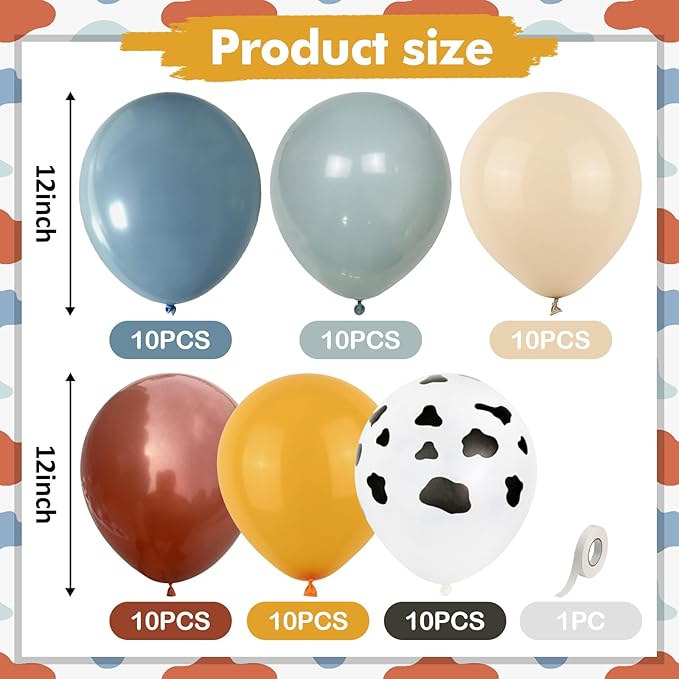 Cow Print Balloons, 12 Inch Dusty Slate Blue Brown Yellow Sand White Latex Party Balloon Western Cowboy Balloons for Boys First Rodeo Baby Shower Farm Country Wild West Birthday Party Decorations