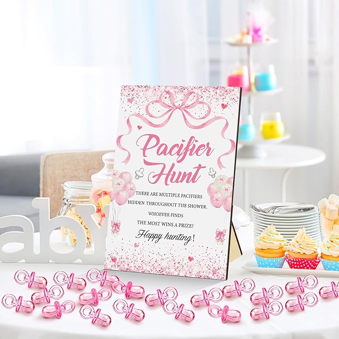 Thyle 51 Pcs Pink Bow Pacifier Hunt Baby Shower Games Include Hunt Sign and 50 Acrylic Pacifiers Coquette Bow Themed Baby Shower Game Decoration Gift Sets for Girls Gender Reveal Party Decor